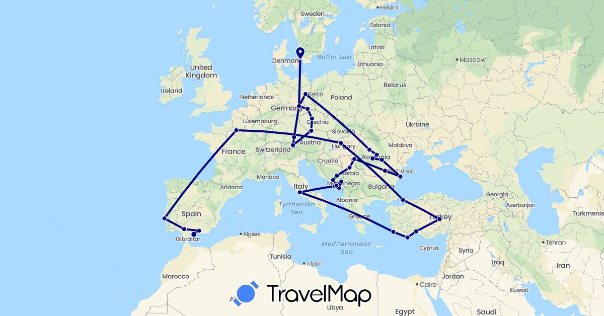 TravelMap itinerary: driving in Austria, Bosnia and Herzegovina, Czech Republic, Germany, Denmark, Spain, France, Croatia, Hungary, Italy, Montenegro, Portugal, Romania, Serbia, Turkey (Asia, Europe)