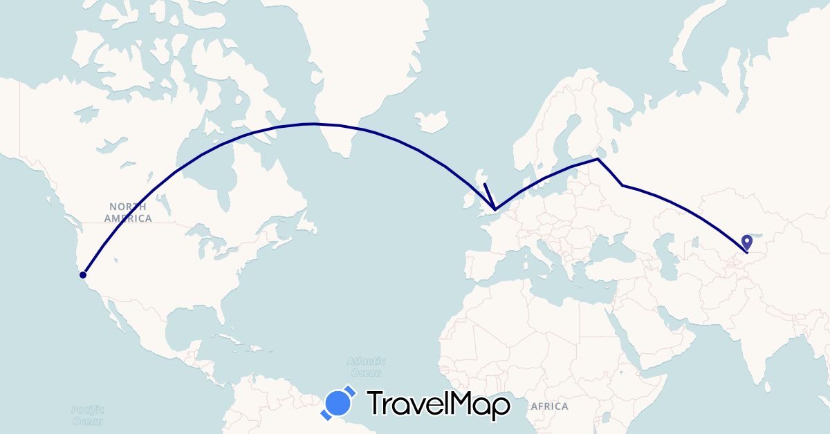 TravelMap itinerary: driving in United Kingdom, Kyrgyzstan, Russia, United States (Asia, Europe, North America)